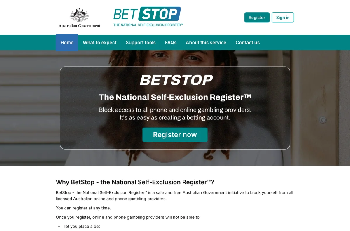 Screenshot of the BetStop national self-exclusion register official website